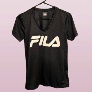 FILA Black V-Neck Logo Tee – Size Small